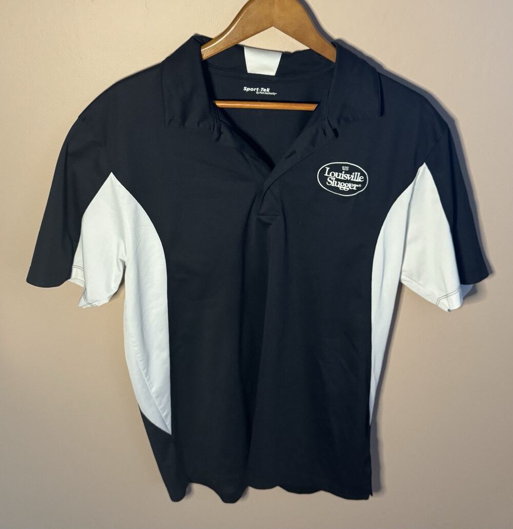 Sport Tek Men's Black & White Large Louisville Slugger Polo Shirt Embroidered